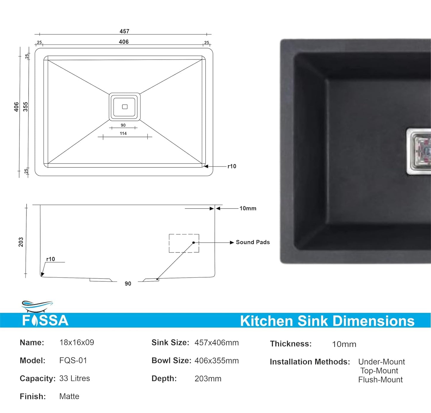 Fossa 18"x16" Inch Quartz Single Bowl Kitchen Sink, Granite,Classic Sink Matt finish Black Including Kitchen Sink, Waste Coupling, Waste Pipe, Strainer - Fossa Home