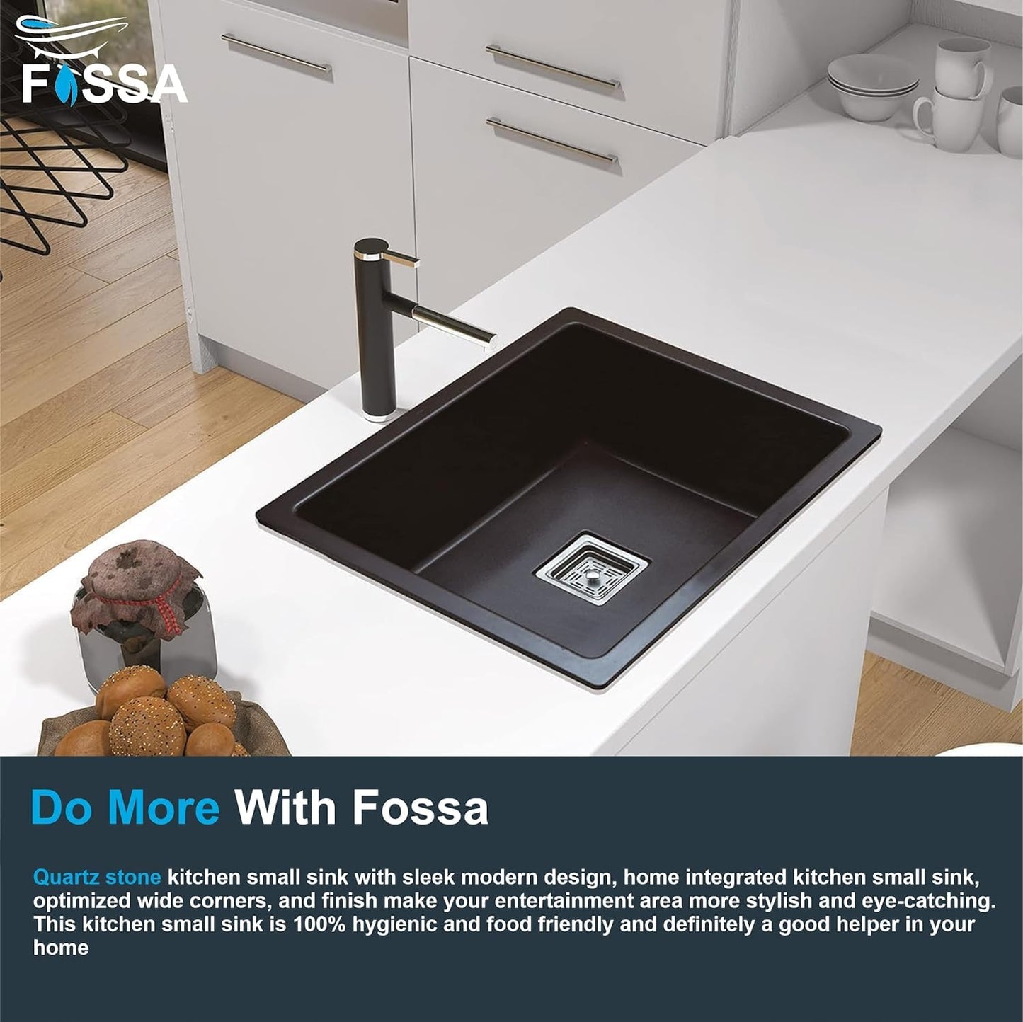 Fossa 18"x16" Inch Quartz Single Bowl Kitchen Sink, Granite,Classic Sink Matt finish Black Including Kitchen Sink, Waste Coupling, Waste Pipe, Strainer - Fossa Home