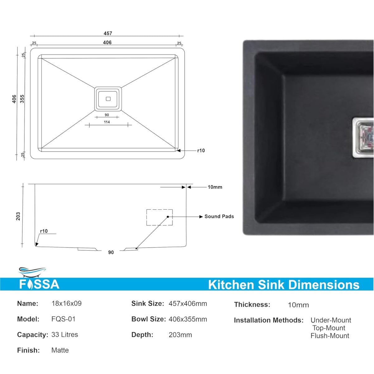 Fossa 18"x16"x09" inch Quartz Single Bowl Kitchen Sink | Black Non - fading Colour with UV Protection | Natural Stone Quartz/Granite Sink with Sink Coupling, Waste Pipe & Strainer Basket - Fossa Home