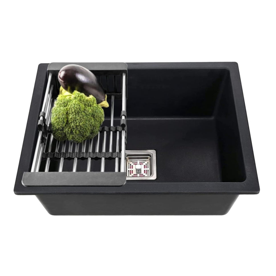 Fossa 18"x16"x09" inch Quartz Single Bowl Kitchen Sink | Black Non - fading Colour with UV Protection | Natural Stone Quartz/Granite Sink with Sink Coupling, Waste Pipe & Strainer Basket - Fossa Home