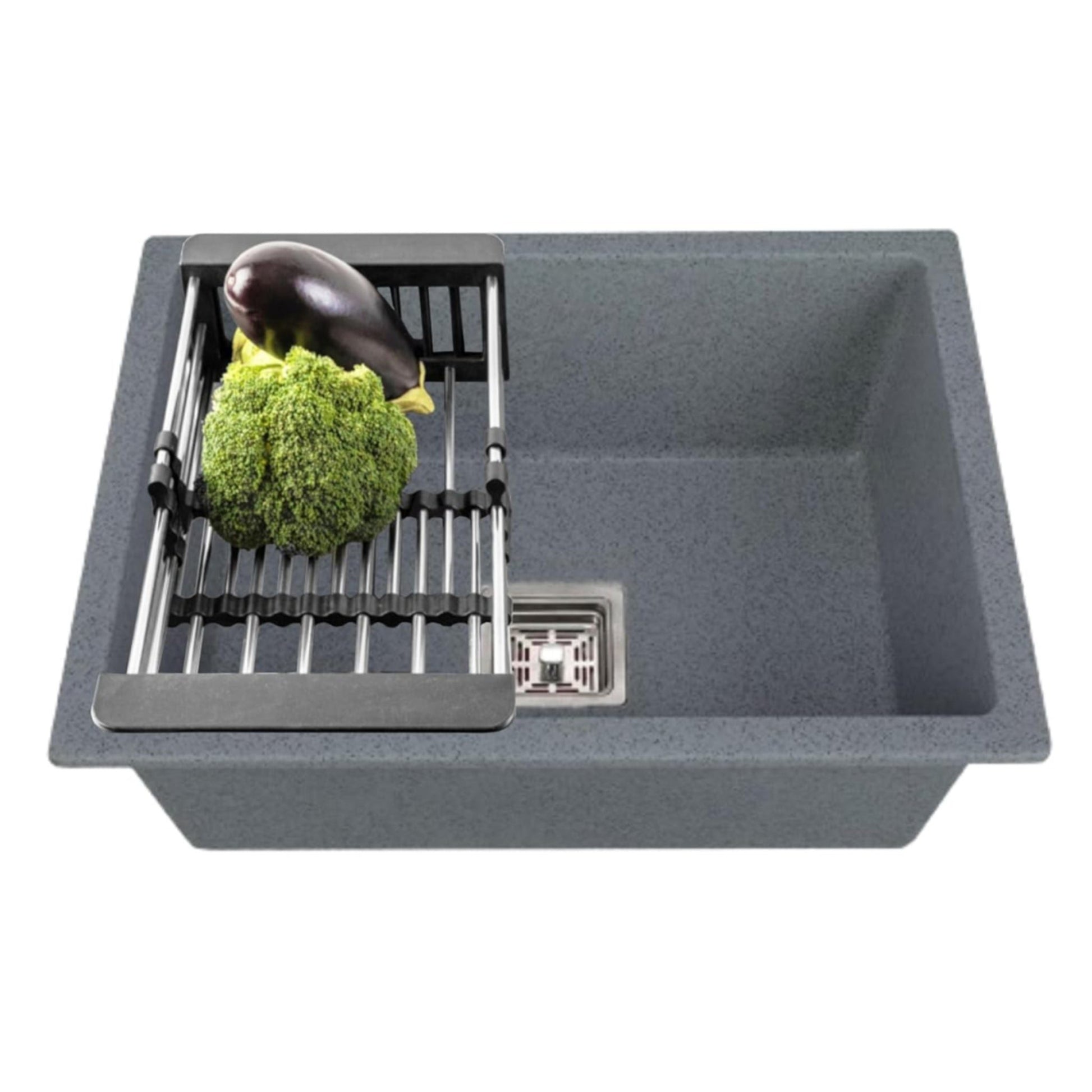 Fossa 18"x16"x09" inch Quartz Single Bowl Kitchen Sink | Non - fading Colour with UV Protection | Natural Stone Quartz/Granite Sink with Sink Coupling, Waste Pipe & Strainer Basket Smoke Grey - Fossa Home