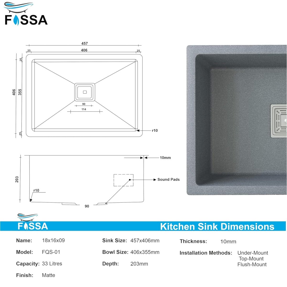 Fossa 18"x16"x09" inch Quartz Single Bowl Kitchen Sink | Non - fading Colour with UV Protection | Natural Stone Quartz/Granite Sink with Sink Coupling, Waste Pipe & Strainer Basket Smoke Grey - Fossa Home