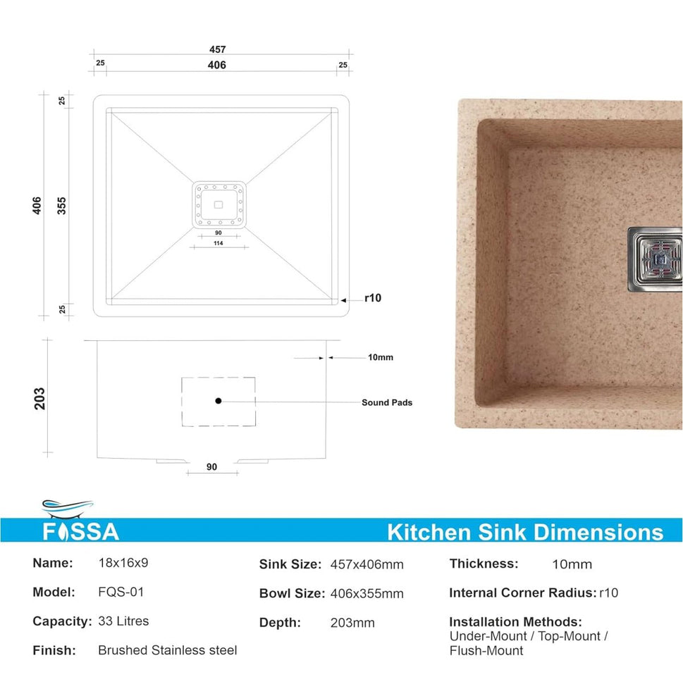 Fossa 18"x16"x09" inch Quartz Single Bowl Kitchen Sink | Non - fading Colour with UV Protection | Natural Stone Quartz/Granite Sink with Sink Coupling, Waste Pipe & Strainer Basket - Fossa Home