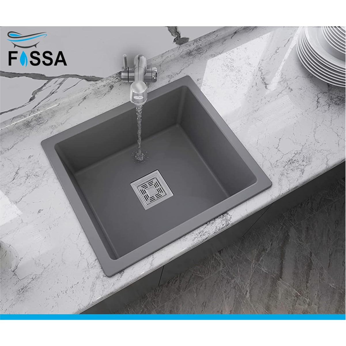 Fossa 18"x16"x09" inch Quartz Single Bowl Kitchen Sink | Non - fading Colour with UV Protection | Natural Stone Quartz/Granite Sink with Sink Coupling, Waste Pipe & Strainer Basket Smoke Grey - Fossa Home