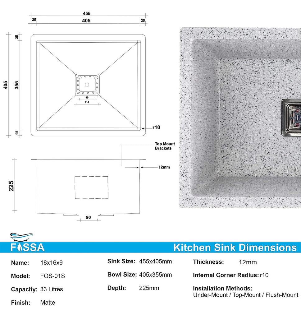 Fossa 18"x16"x09" inch Quartz Single Bowl Kitchen Sink ( Super Strong White ) - Fossa Home