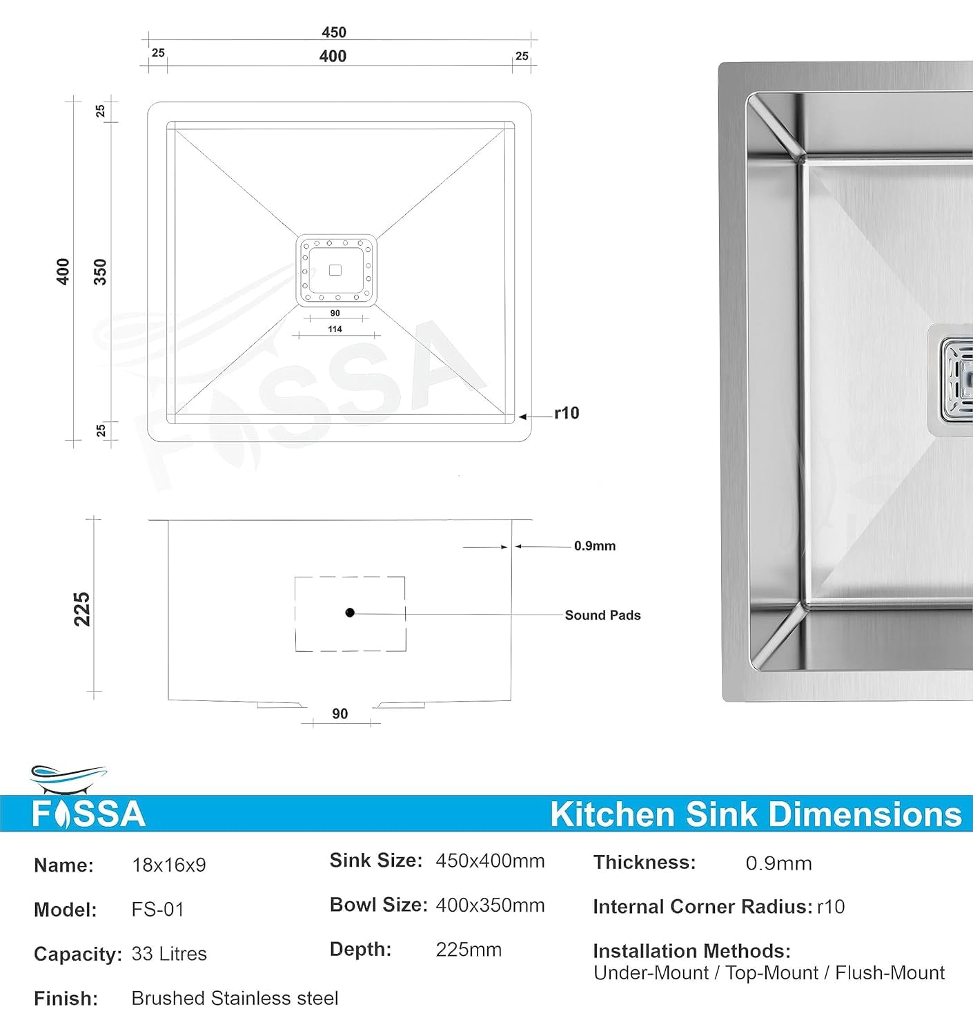 Fossa 18"x16"x09" Inch Single Bowl Premium Stainless Steel Handmade Kitchen Sink silver - Fossa Home