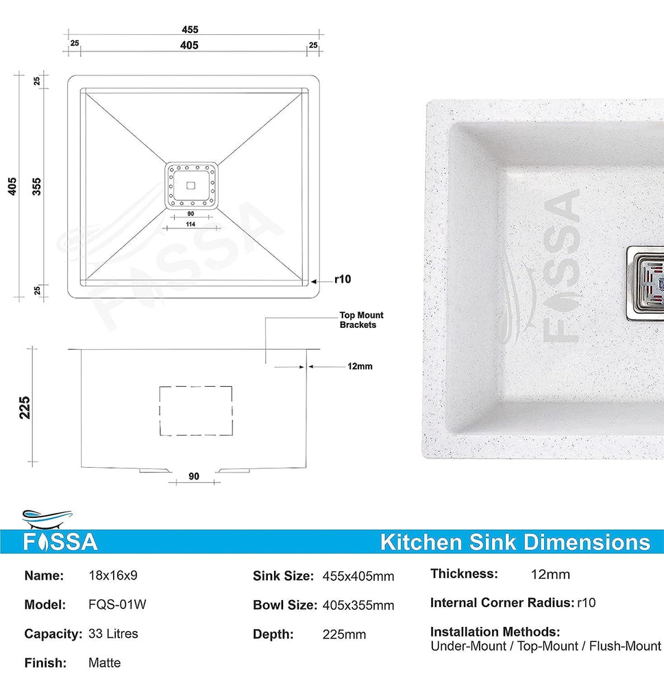 Fossa 18"x16"x09" inch Single Bowl Quartz Kitchen Sink ( Stone White ) - Fossa Home