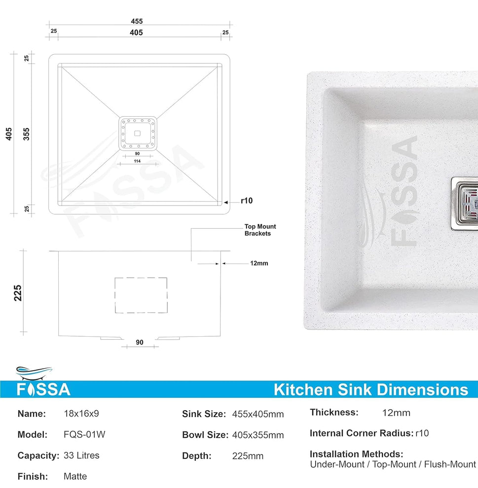 Fossa 18"x16"x09" Quartz Single Bowl Kitchen Sink | White Non - fading Colour with UV Protection | Natural Stone Quartz/Granite Sink with Sink Coupling, Waste Pipe & Strainer Basket - Fossa Home