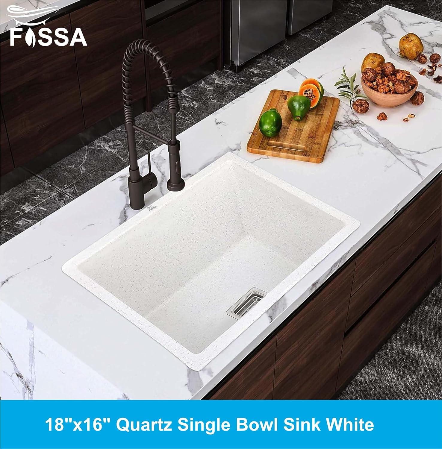 Fossa 18"x16"x09" Quartz Single Bowl Kitchen Sink | White Non - fading Colour with UV Protection | Natural Stone Quartz/Granite Sink with Sink Coupling, Waste Pipe & Strainer Basket - Fossa Home