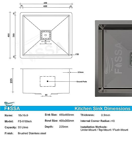 Fossa 18"X16"X09" Single Bowl 304 Grade Stainless Steel Handmade Kitchen Sink (Matte Finish) Black - Fossa Home