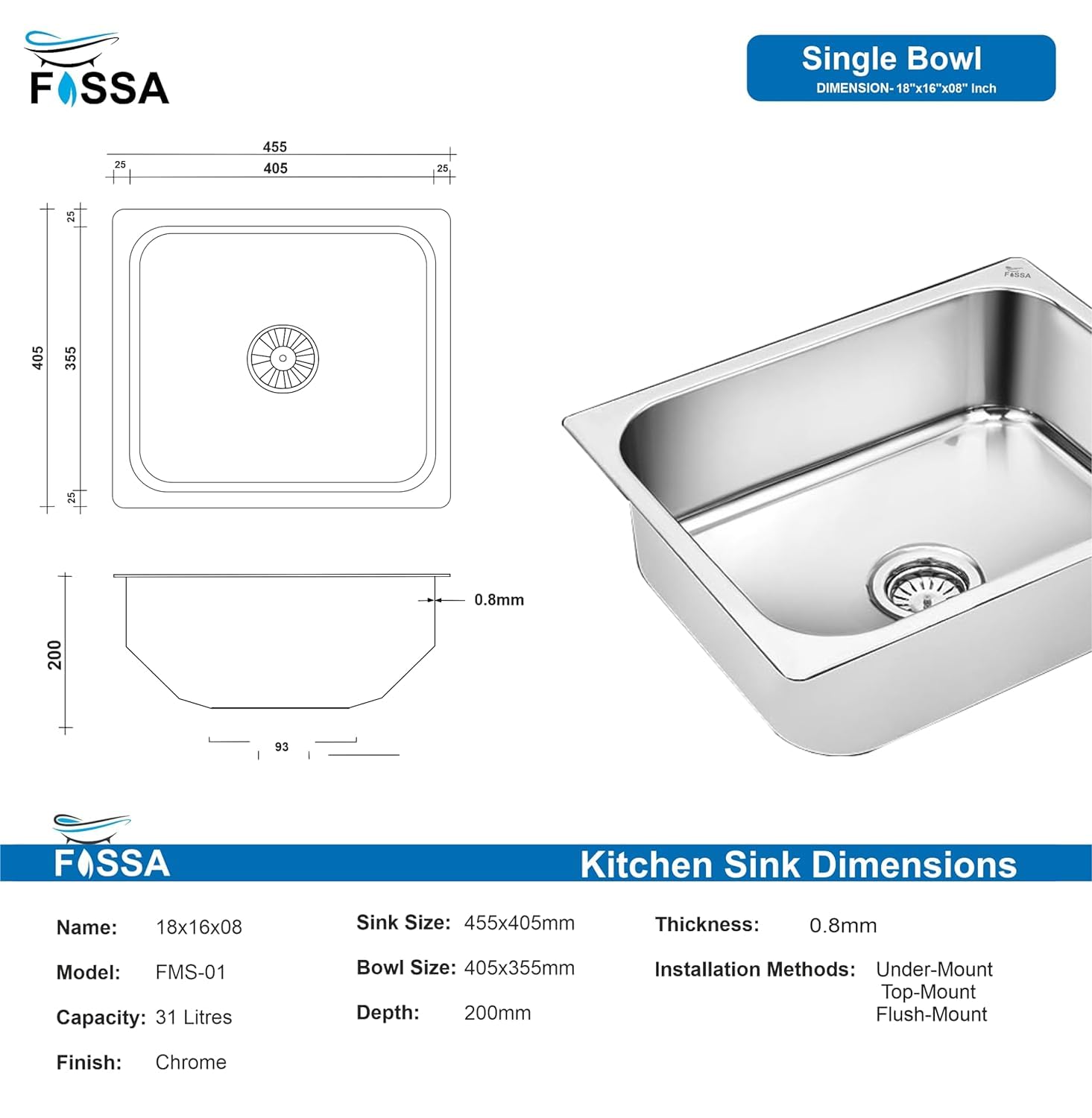 Fossa 18"X16"X09" Single Bowl Stainless Steel Kitchen Sink With SS Coupling Glossy Finish FIS - 001 J - Fossa Home