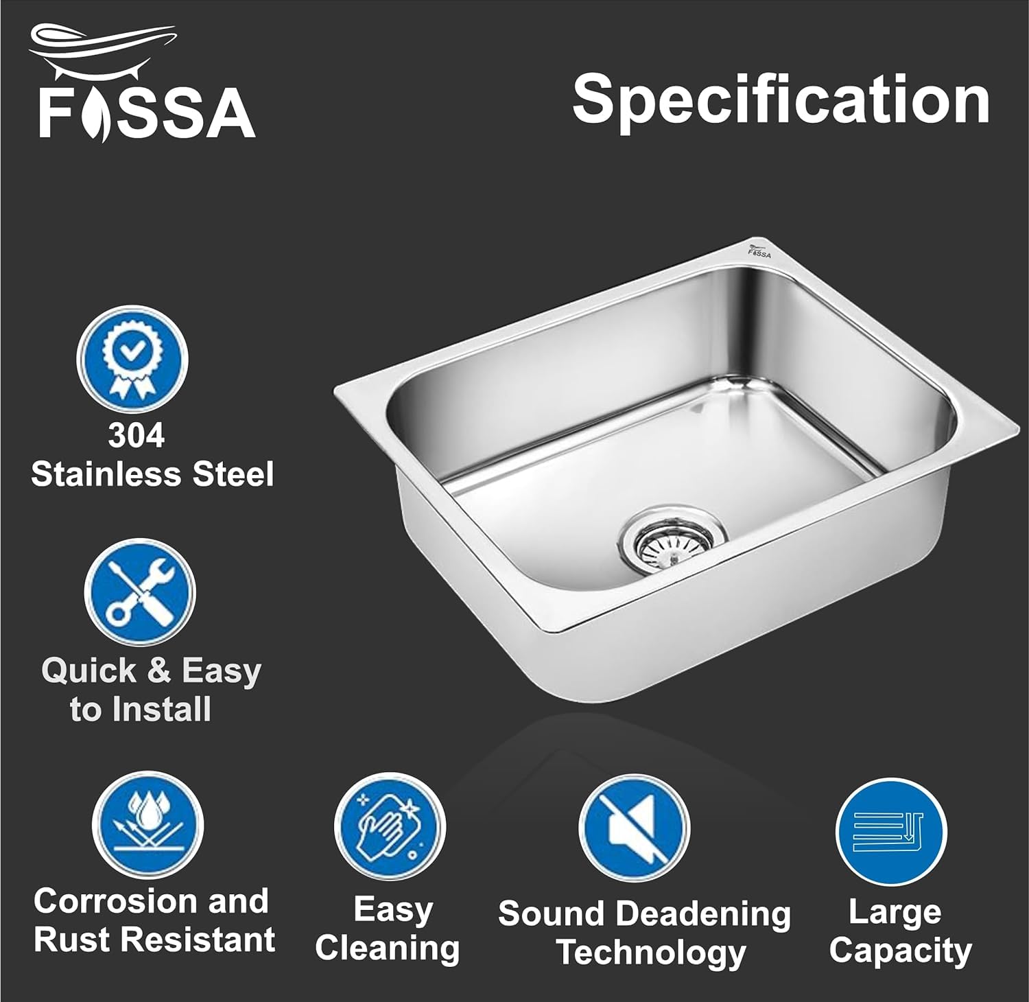 Fossa 18"X16"X09" Single Bowl Stainless Steel Kitchen Sink With SS Coupling Glossy Finish FIS - 001 J - Fossa Home