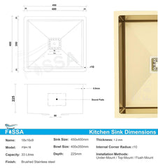 Fossa 18"x16"x10" Inch Single Bowl 304 Grade Stainless Steel Handmade Kitchen Sink Gold - Fossa Home