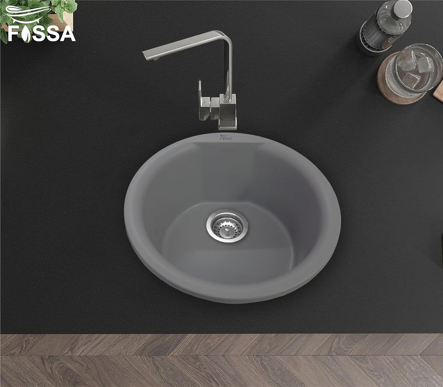 Fossa 18"x18"x08" Inch Black Round Bar Sink, Thicken Single Bowl Kitchen Sinks, Quartz German Engineered Technology Kitchen Sink Easy - to - Clean Sink for Outdoor Indoor Catering Restaurant Hospital - Fossa Home