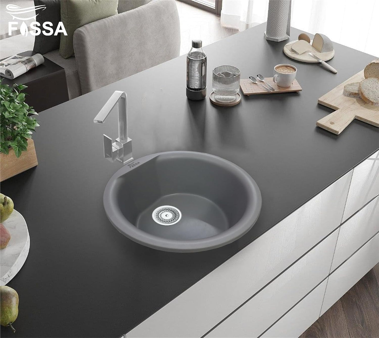 Fossa 18"x18"x08" Inch Black Round Bar Sink, Thicken Single Bowl Kitchen Sinks, Quartz German Engineered Technology Kitchen Sink Easy - to - Clean Sink for Outdoor Indoor Catering Restaurant Hospital - Fossa Home