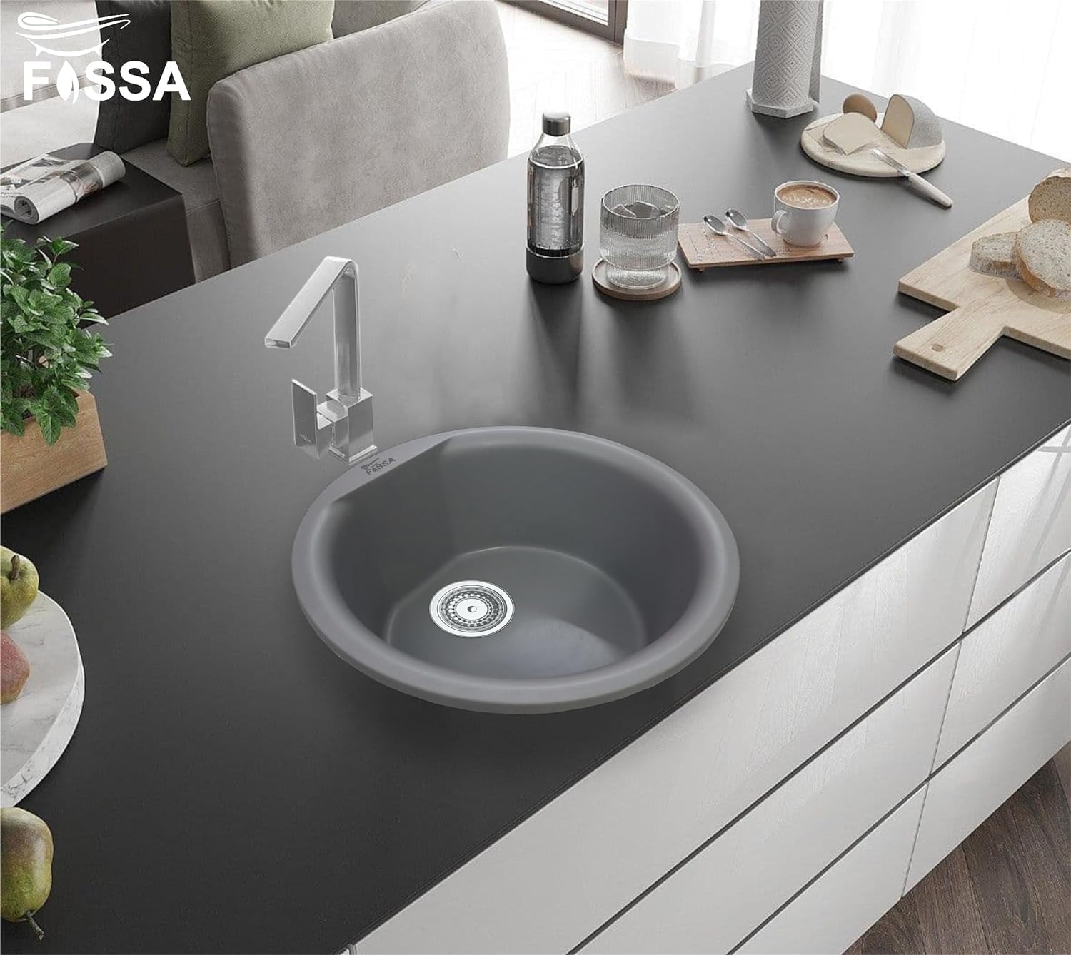 Fossa 18"x18"x08" Inch Round Bar Sink, Single Bowl Kitchen Sinks, Quartz German Engineered Technology Kitchen Sink Easy - to - Clean Sink for Outdoor Indoor Catering Restaurant Hospital (Grey) - Fossa Home