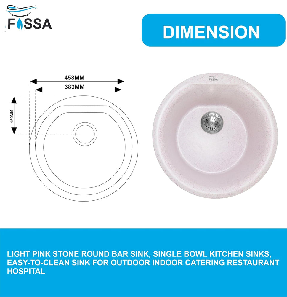 Fossa 18"x18"x08" Inch Round Bar Sink, Single Bowl Kitchen Sinks, Quartz German Engineered Technology Kitchen Sink Easy - to - Clean Sink for Outdoor Indoor Catering Restaurant Hospital (Light pink stone) - Fossa Home