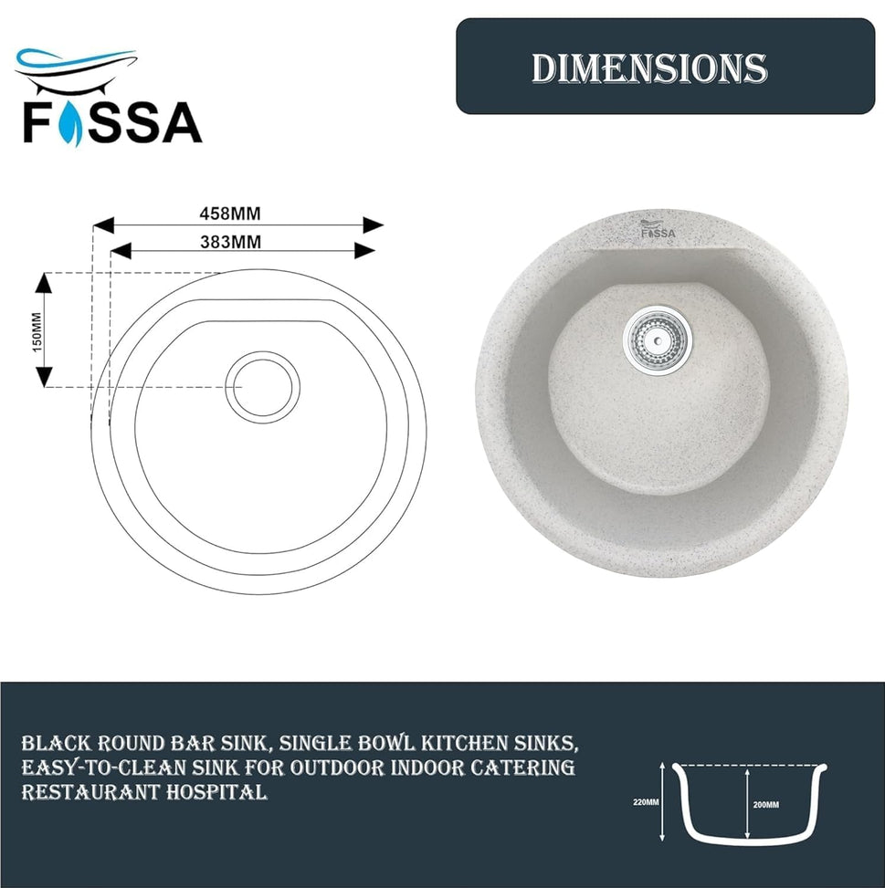 Fossa 18x18x08 Inches Granite Quartz Kitchen Sink Single Bowl with Waste Coupling, Waste Pipe Quartz German Engineered Technology Kitchen Sink (Snow Sand) - Fossa Home