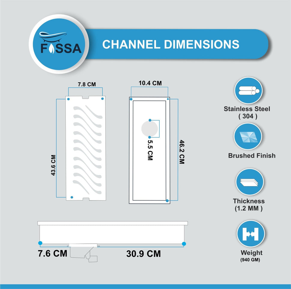 Fossa 18"x4" Shower Wave Brushed Drain Side Hole Rectangular Floor Drain - Fossa Home