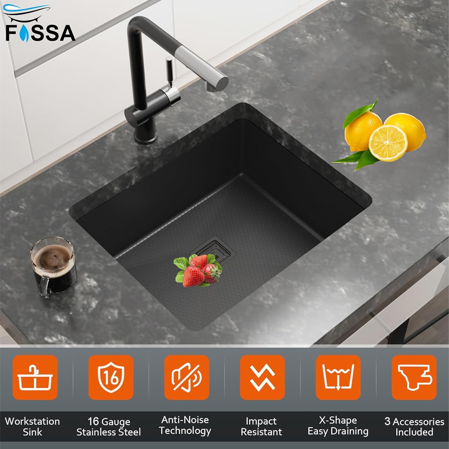 Fossa 20"x17"x09" Inch Single Bowl 304 Grade Honeycomb Embossed Kitchen Sink with Nano Coating (Black ) - Fossa Home