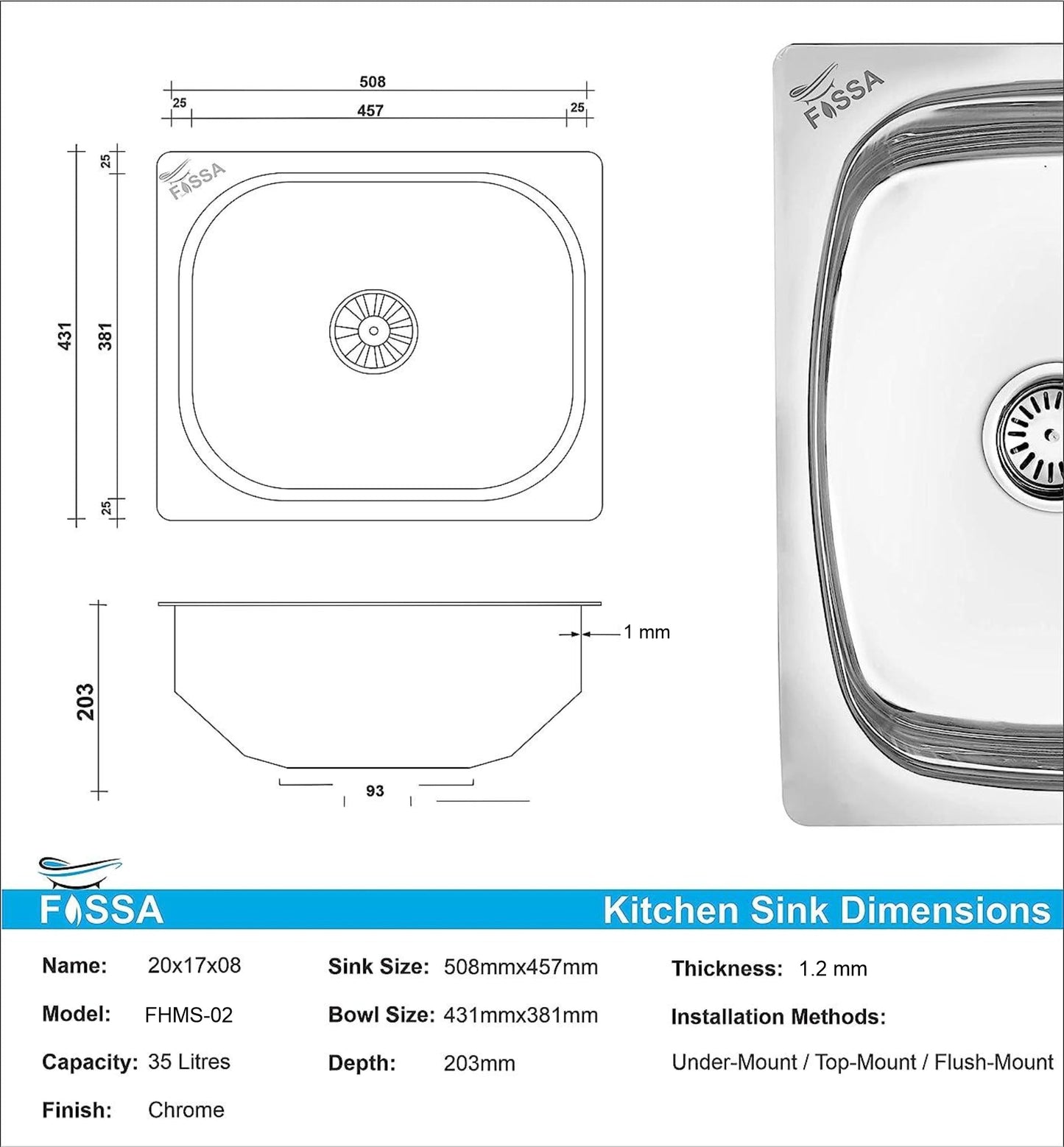 Fossa 20"x17"x09" inch Single Bowl 304 Grade Stainless Steel Kitchen Sink With SS Coupling Glossy Finish - Fossa Home