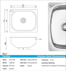 Fossa 20"x17"x09" inch Single Bowl 304 Grade Stainless Steel Kitchen Sink With SS Coupling Glossy Finish - Fossa Home