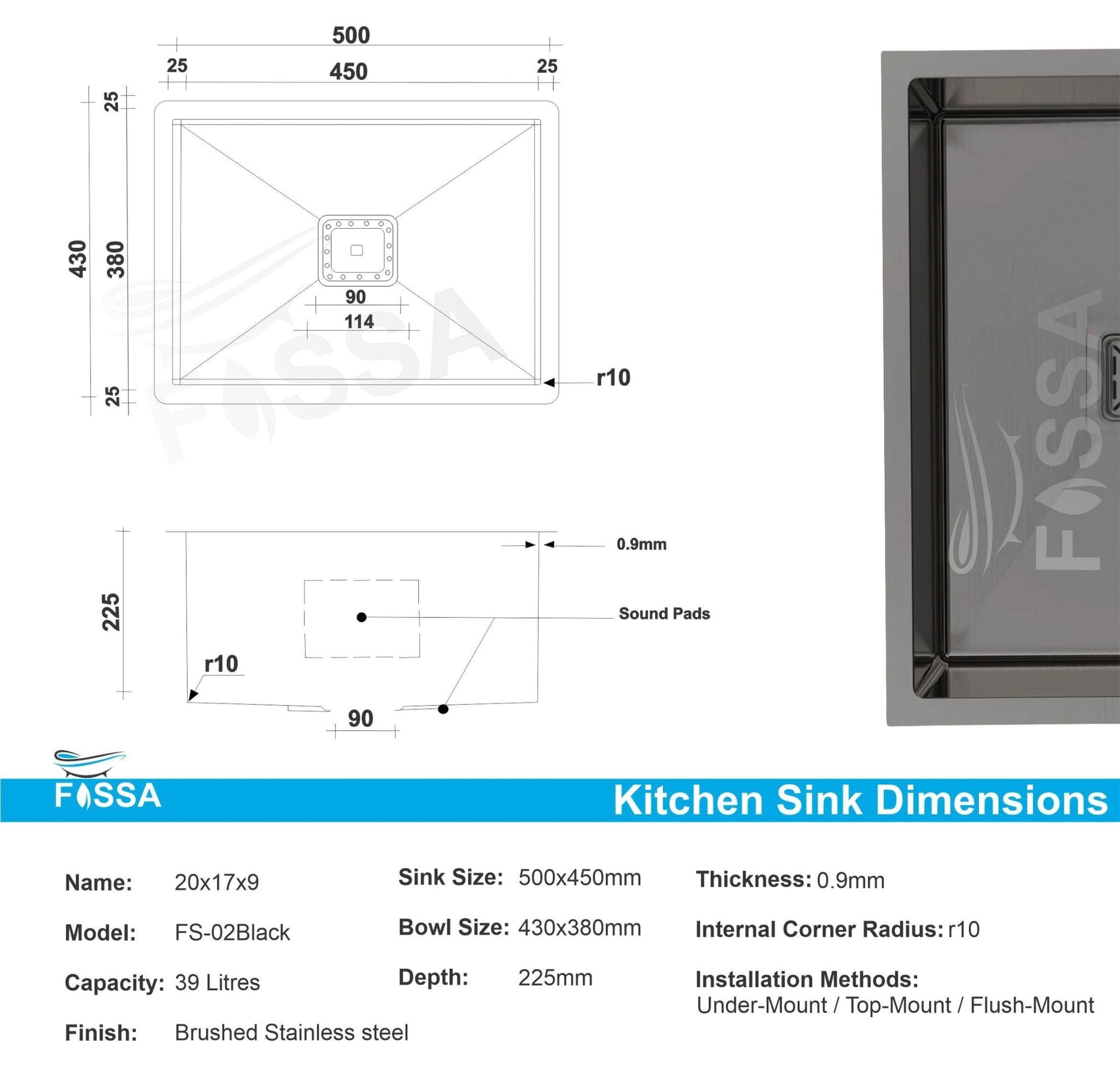 Fossa 20"x17"x09" Inch Single Bowl Premium Stainless Steel Handmade Kitchen Sink Black - Fossa Home