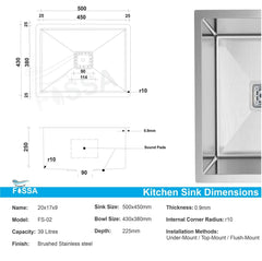 Fossa 20"x17"x09" Inch Single Bowl Premium Stainless Steel Handmade Kitchen Sink Silver - Fossa Home