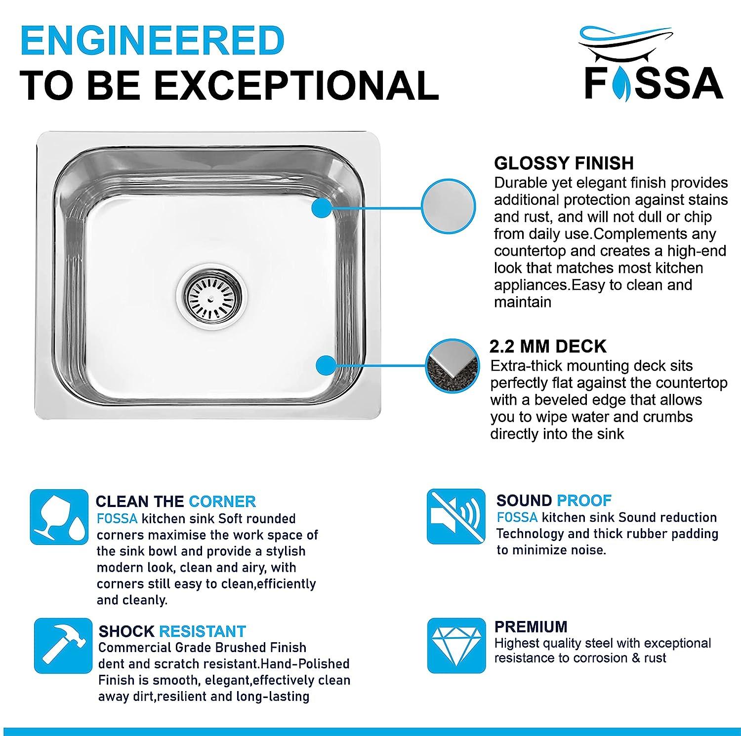 Fossa 20"x17"x09" inch Single Bowl Premium Stainless Steel Kitchen Sink With SS Coupling Glossy Finish - Fossa Home