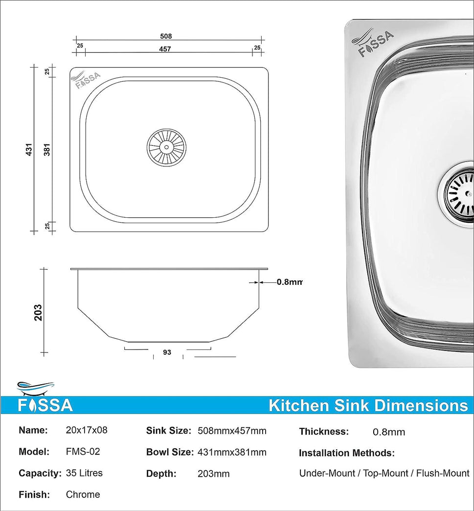 Fossa 20"x17"x09" inch Single Bowl Premium Stainless Steel Kitchen Sink With SS Coupling Glossy Finish - Fossa Home