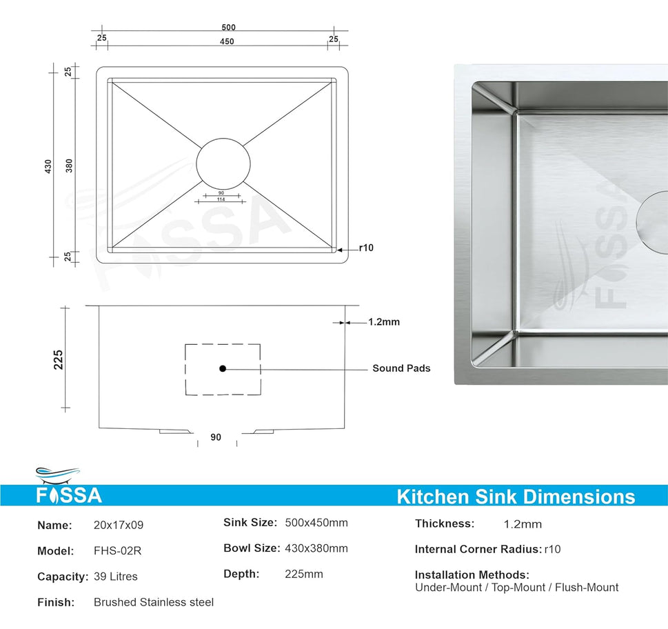 Fossa 20"x17"x09" Single Bowl SS - 304 Grade Stainless Steel Handmade Kitchen Sink Round Coupling Matte Finish - Fossa Home