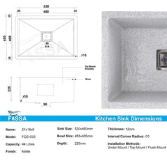 Fossa 21"x18"x09" inch Quartz Single Bowl Kitchen Sink Super Strong Matt Finish (Greystone) - Fossa Home