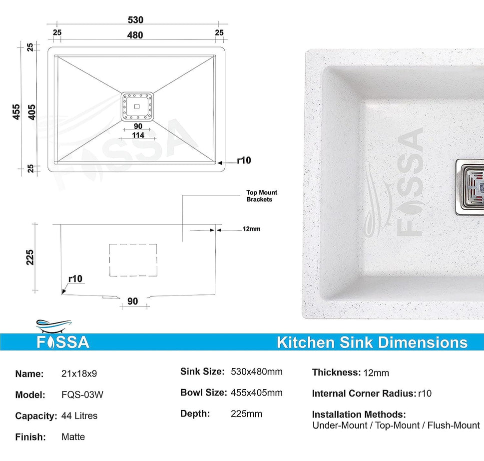 Fossa 21"x18"x09" inch Quartz Single Bowl Kitchen Sink ( White Stone ) - Fossa Home