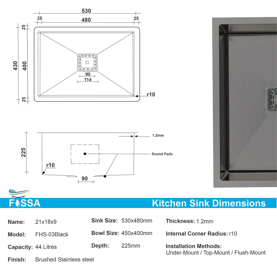 Fossa 21"x18"x09" Inch Single Bowl SS - 304 Grade Stainless Steel Handmade Kitchen Sink Black - Fossa Home