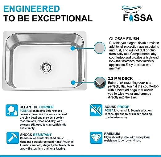 Fossa 22"x18"x08" inch Single Bowl Premium Stainless Steel Kitchen Sink With PVC Coupling Glossy Finish - Fossa Home