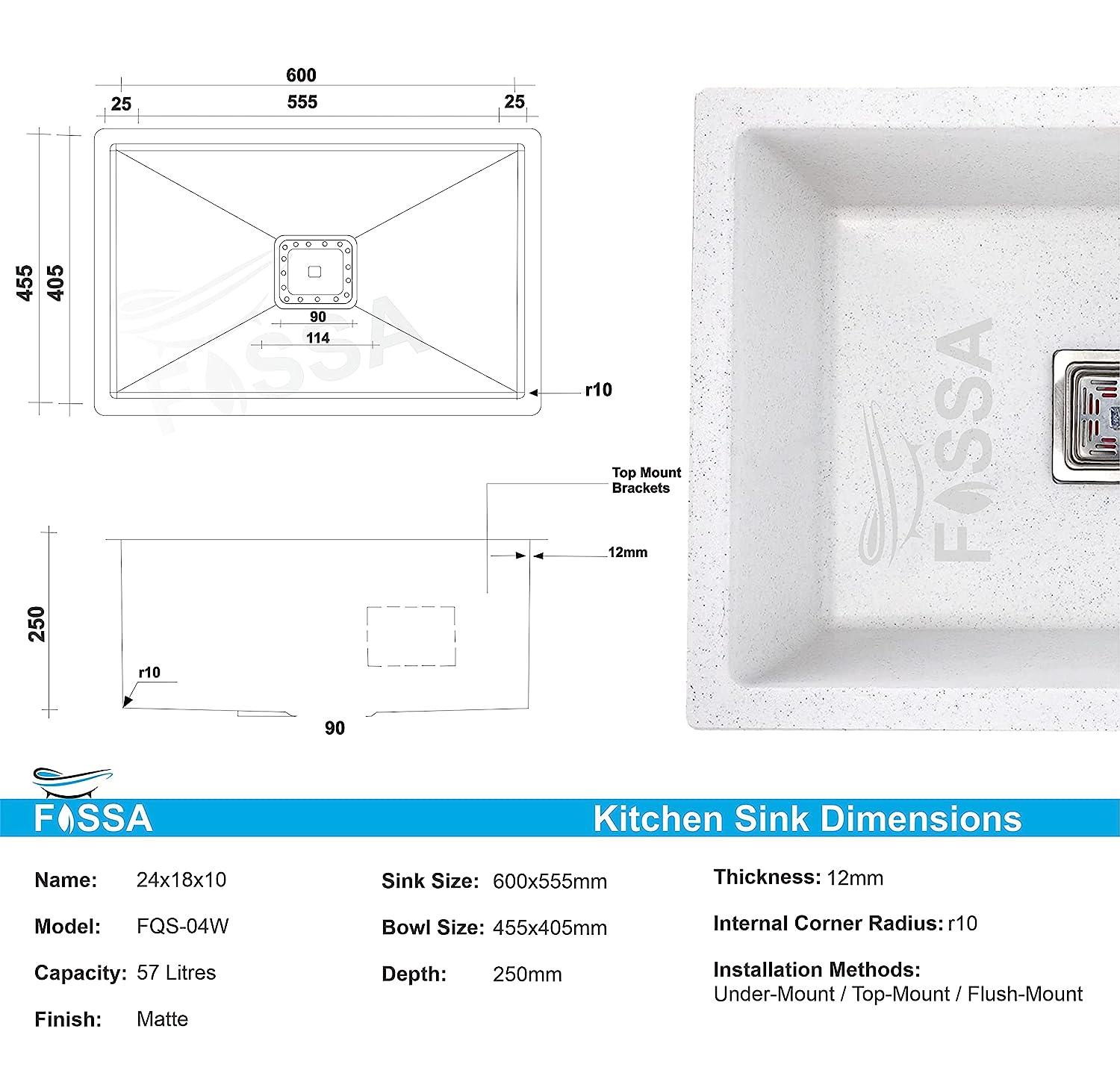 Fossa 24"x18"x09" inch Quartz Single Bowl Kitchen Sink Matt Finish ( Stone White ) - Fossa Home