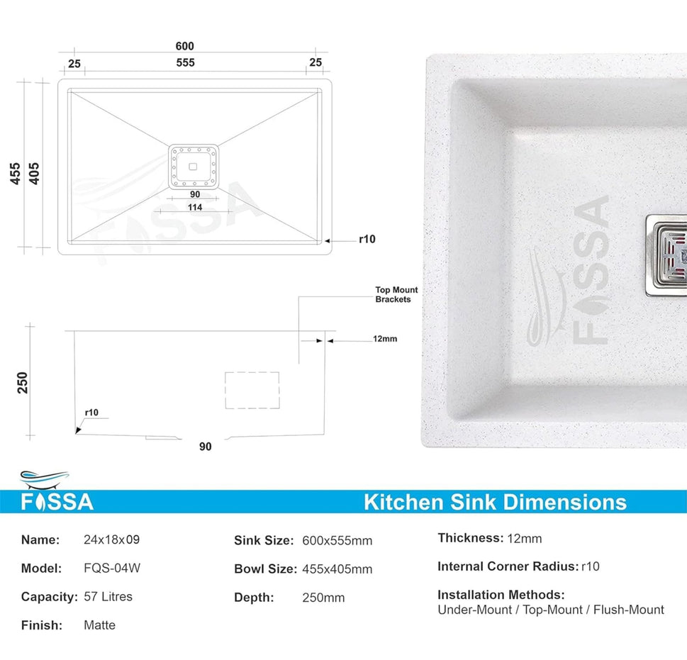 Fossa 24"x18"x09" inch Quartz Single Bowl Kitchen Sink Matt Finish ( Stone White ) - Fossa Home