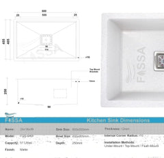 Fossa 24"x18"x09" inch Quartz Single Bowl Kitchen Sink Super Strong ( Greystone White ) - Fossa Home