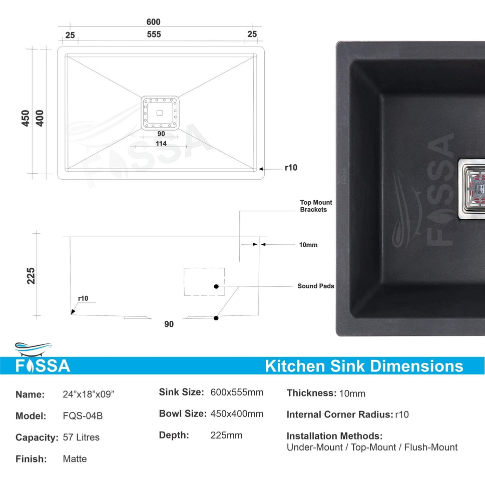 Fossa 24"x18"x09" inch Single Bowl Quartz Kitchen Sink ( Black Stone ) - Fossa Home