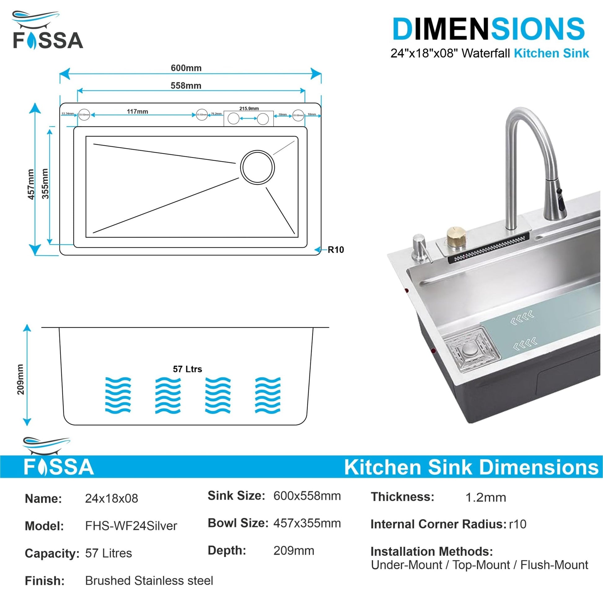 Fossa 24"x18"x09" Single Bowl Waterfall Kitchen Sink Honeycomb Embossed Sink with Nano Coating, Stainless Steel, Rectangular Workstation, Faucet With Included All Accessories. (Silver) - Fossa Home