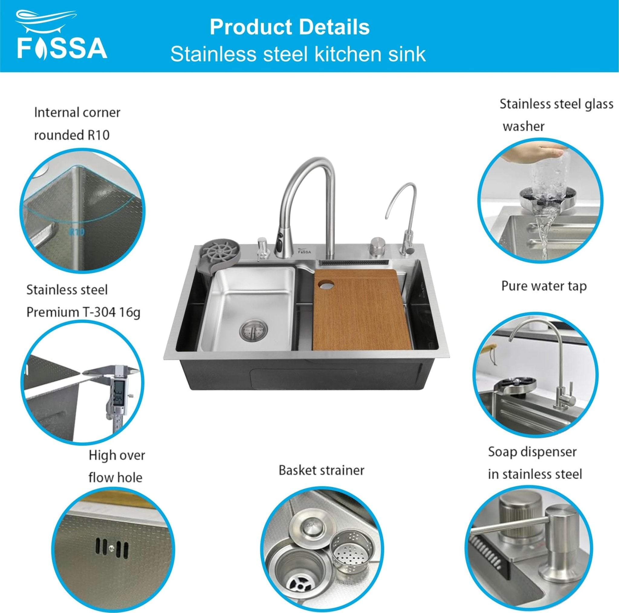 Fossa 24"x18"x09" Single Bowl Waterfall Kitchen Sink Honeycomb Embossed Sink with Nano Coating, Stainless Steel, Rectangular Workstation, Faucet With Included All Accessories. (Silver) - Fossa Home