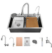 Fossa 24"x18"x09" Single Bowl Waterfall Kitchen Sink Honeycomb Embossed Sink with Nano Coating, Stainless Steel, Rectangular Workstation, Faucet With Included All Accessories. (Silver) - Fossa Home