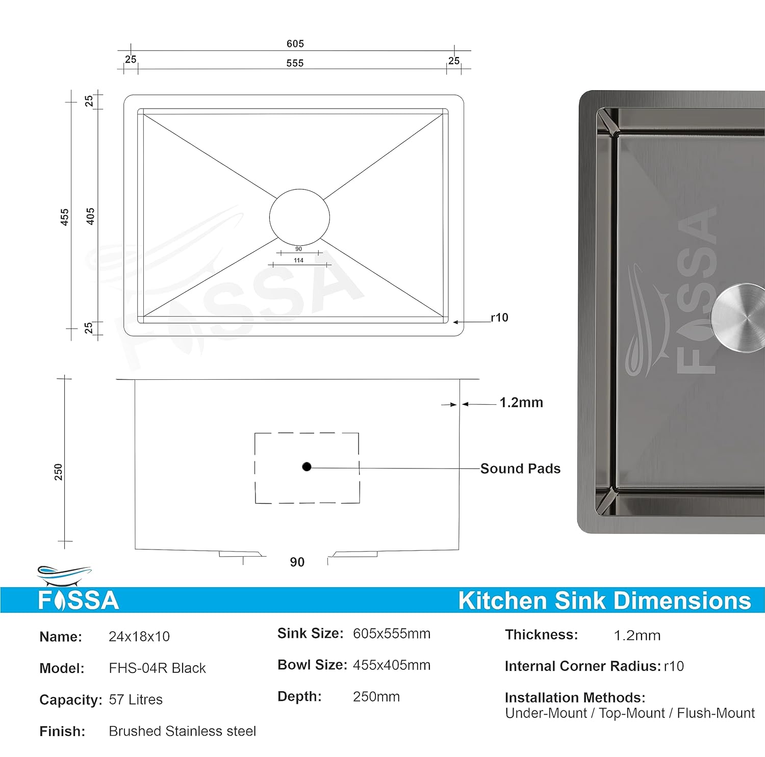 Fossa 24"x18"x10" Inch Single Bowl 304 Grade Stainless Steel Handmade Kitchen Sink Round Coupling Matte Finish FHS - 04R Black - Fossa Home