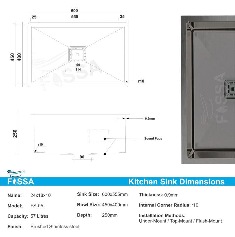 Fossa 24"x18"x10" Inch Single Bowl Premium Stainless Steel Handmade Kitchen Sink Black - Fossa Home