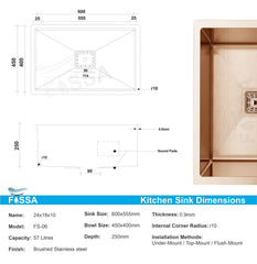 Fossa 24"x18"x10" Inch Single Bowl Premium Stainless Steel Handmade Kitchen Sink Rose Gold - Fossa Home