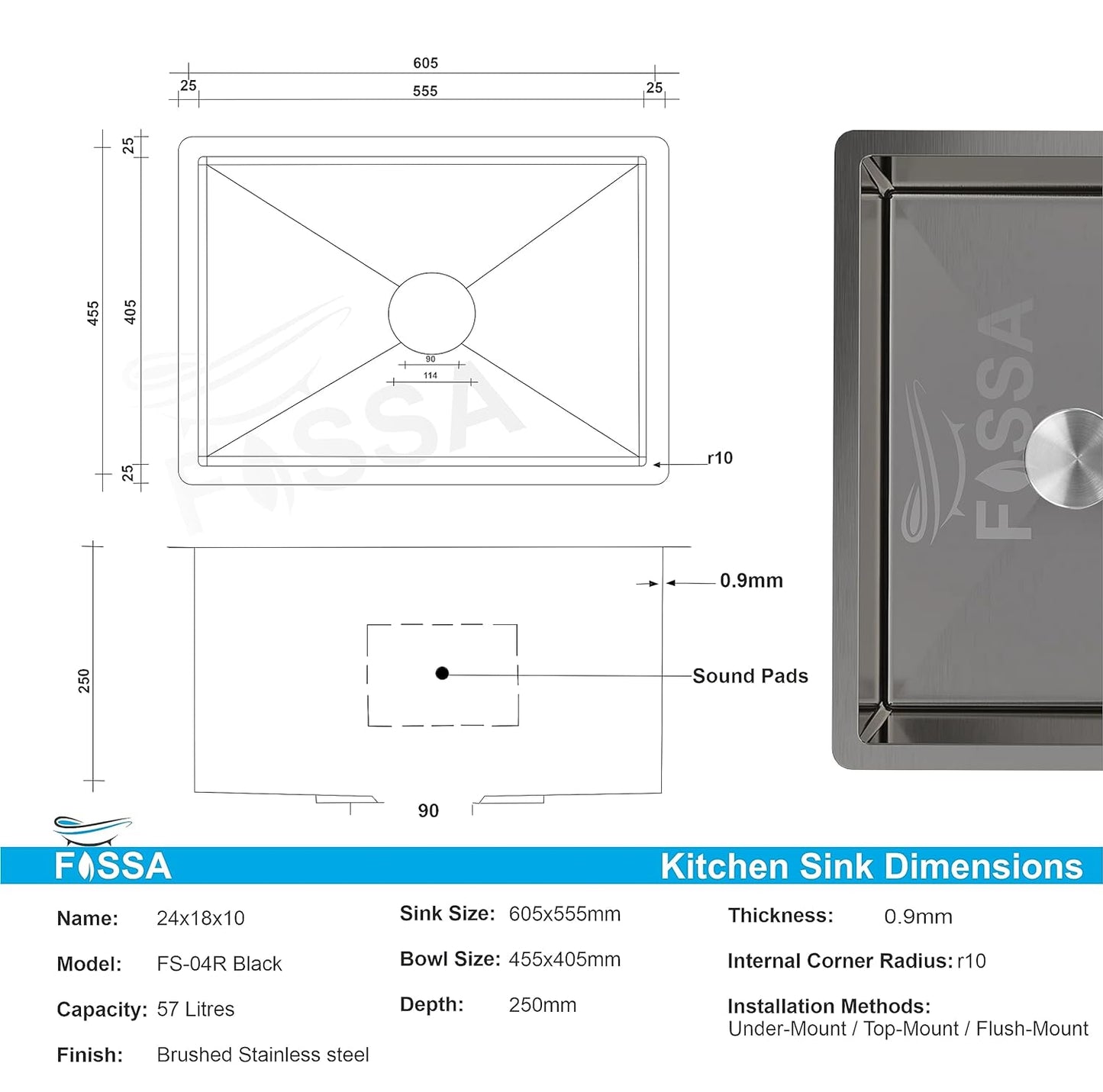 Fossa 24"x18"x10" Inch Single Bowl Premium Stainless Steel Handmade Kitchen Sink Round Coupling Matte Finish FS - 04R Black - Fossa Home