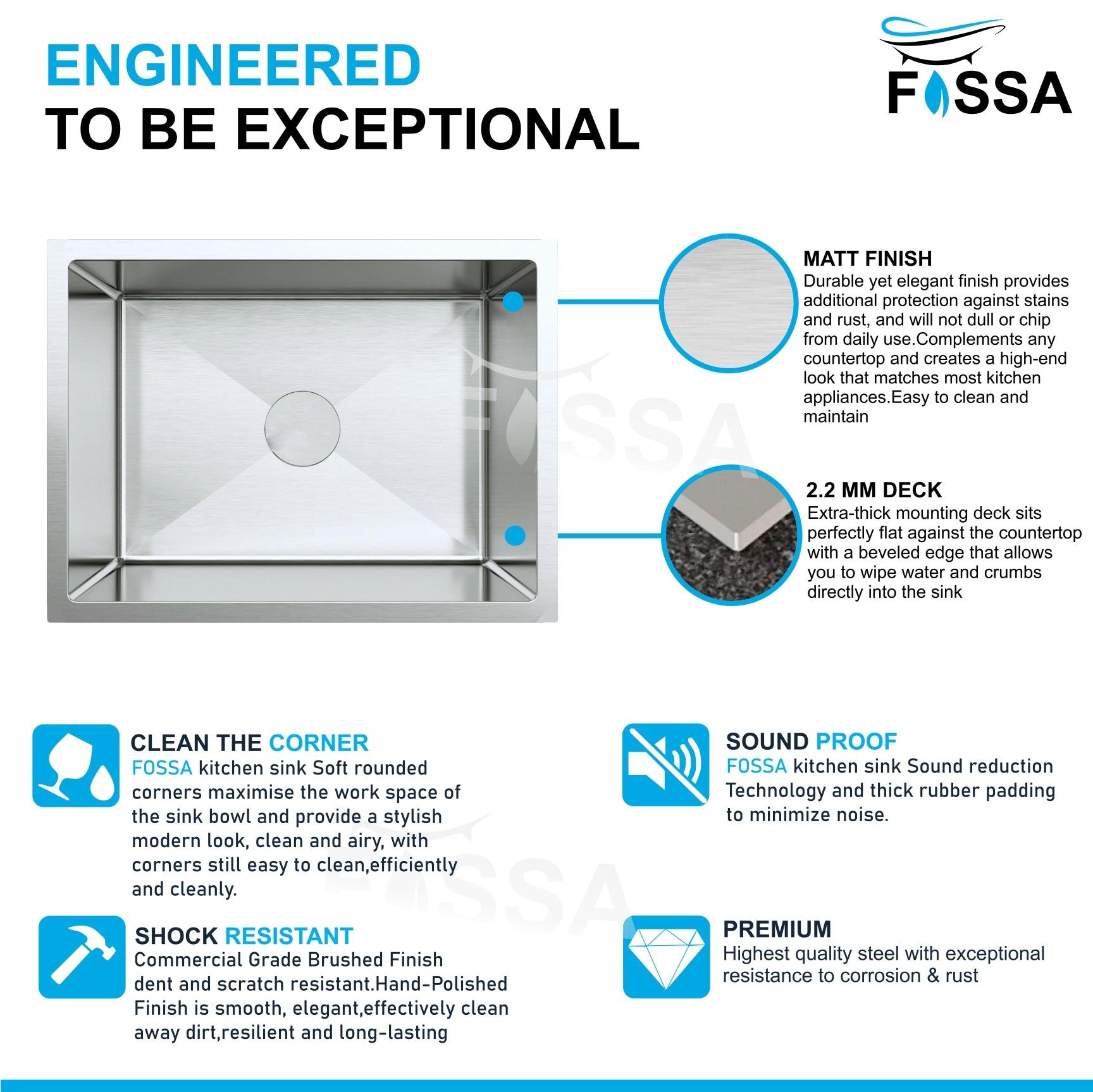 Fossa 24"x18"x10" Inch Single Bowl Premium Stainless Steel Handmade Kitchen Sink Round Coupling Silver - Fossa Home