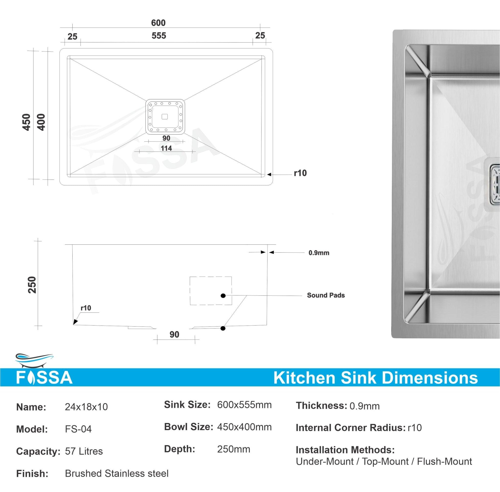 Fossa 24"x18"x10" Inch Single Bowl Premium Stainless Steel Handmade Kitchen Sink Silver - Fossa Home