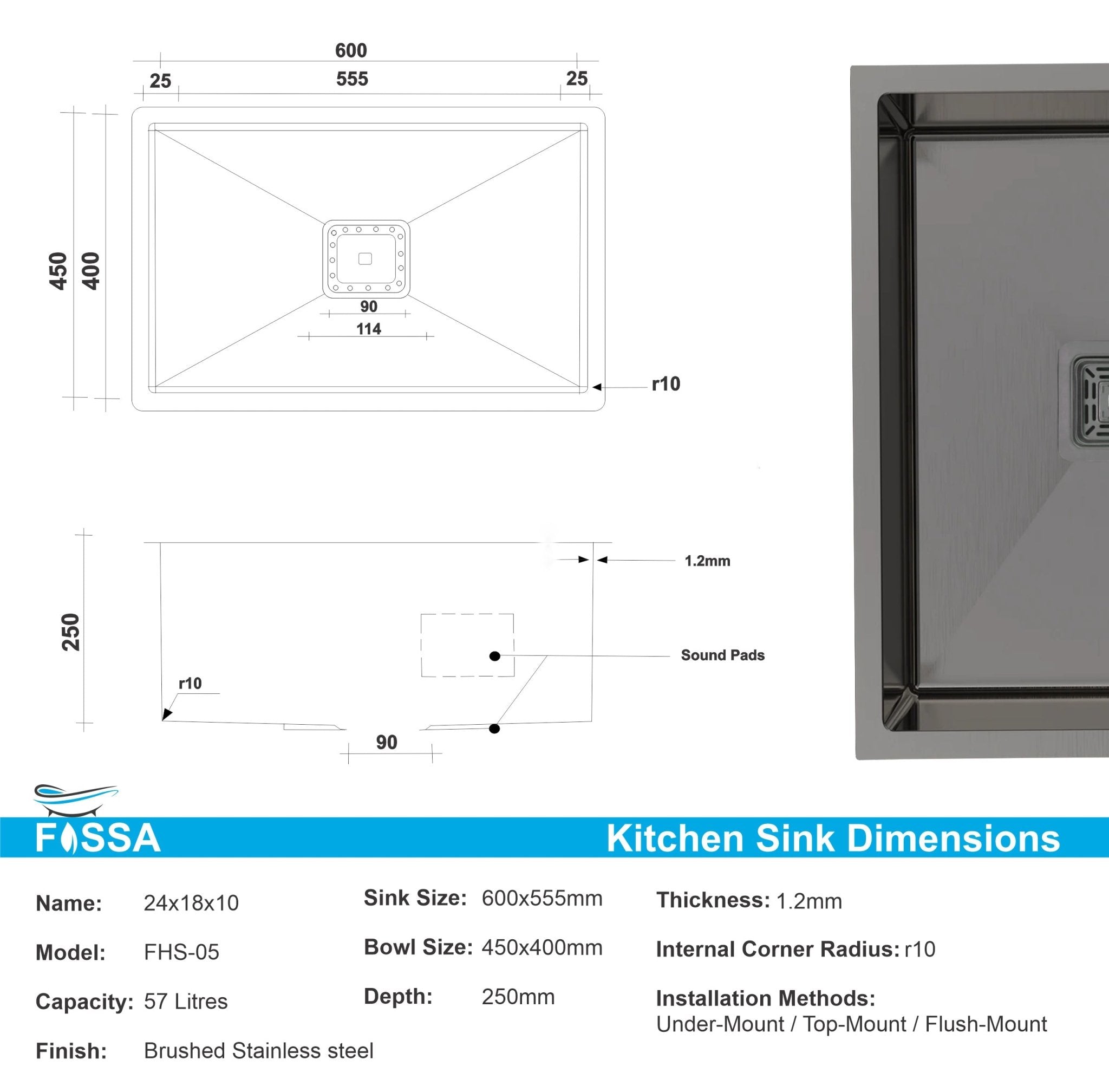 Fossa 24"x18"x10" Inch Single Bowl SS - 304 Grade Stainless Steel Handmade Kitchen Sink Black - Fossa Home