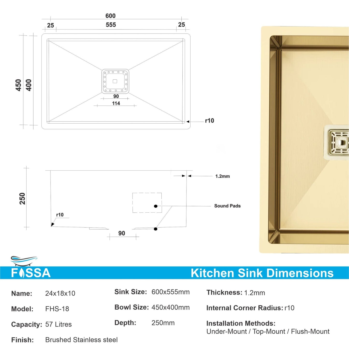 Fossa 24"x18"x10" Inch Single Bowl SS - 304 Grade Stainless Steel Handmade Kitchen Sink Gold - Fossa Home